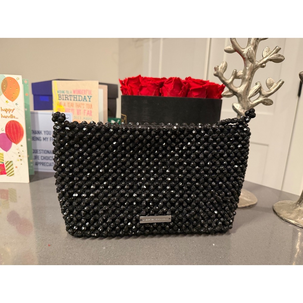 Loeffler Randall Black Beaded Clutch EUC Designer Coquette Quiet Luxury Chic